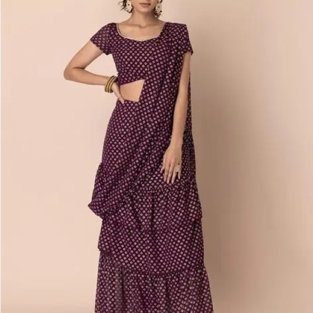 Indya Women Dabu Print Layered Saree Blouse Set Small
